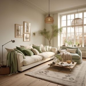 Contemporary interior colour scheme with soft furnishings and earthy elements