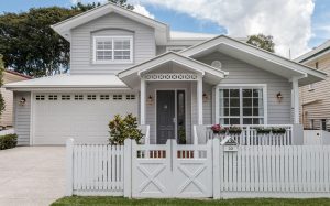 Hampton style home in Brisbane, repainted in a classic colour scheme of grey and white